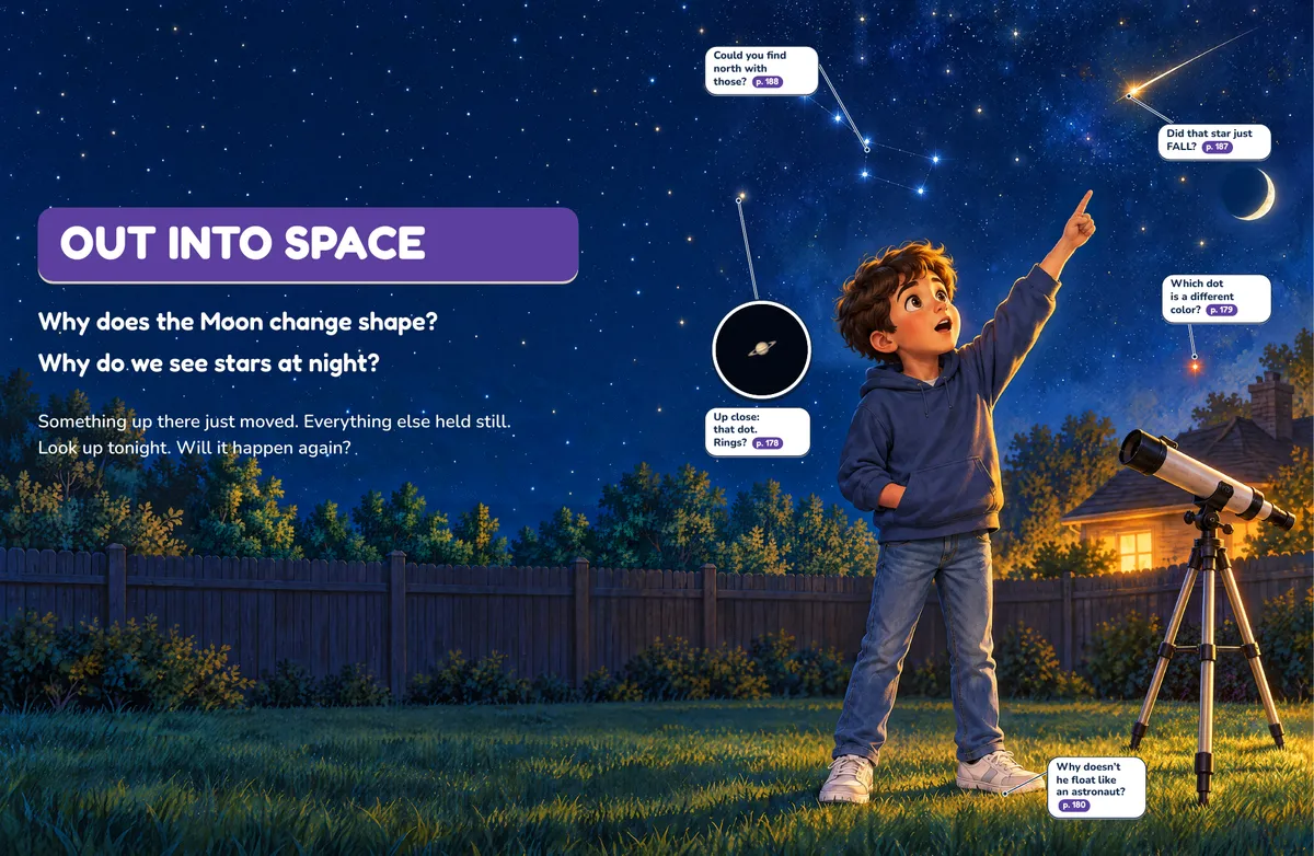 Out Into Space chapter opener: a boy points a telescope at the night sky